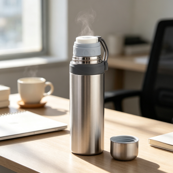 ThermosFlaskDesignforCoffeeTeaWaterandDailyBeverageUse Stainless steel thermos flask with cap and seal on office desk, showing hot drink temperature retention portable sealing and everyday beverage use for commuting and desktop.